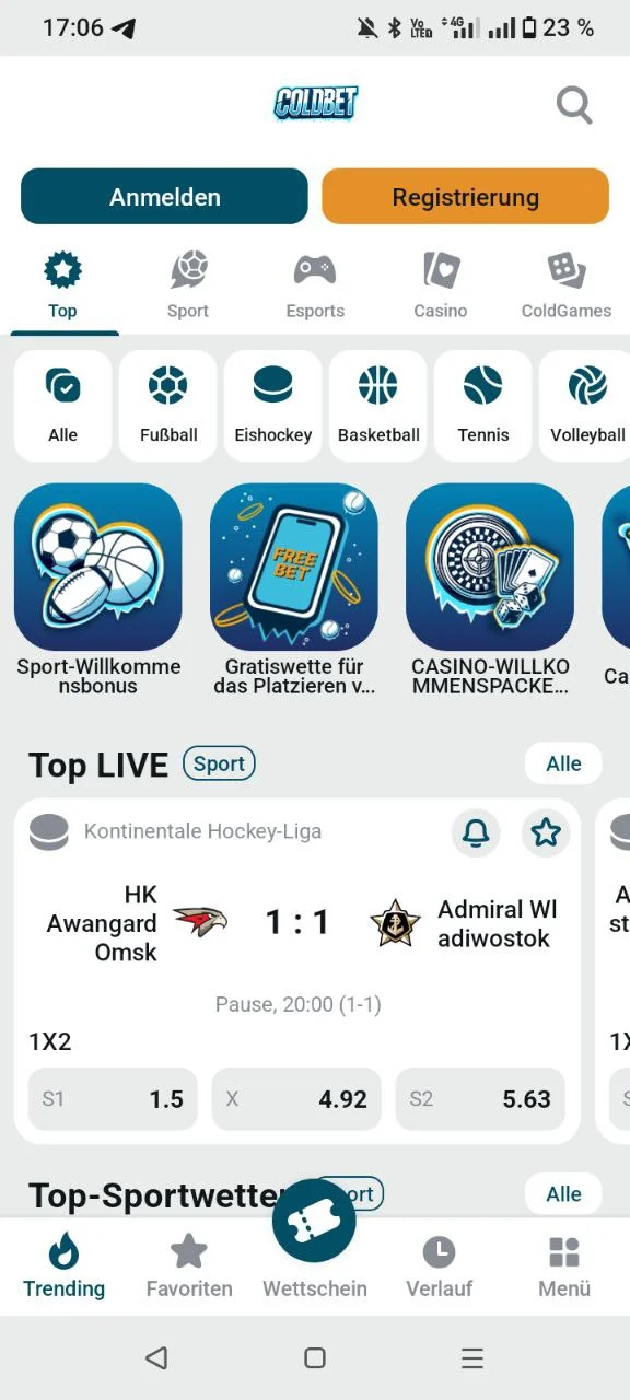 Hauptbildschirm der Coldbet-App mit Sport, Casino und ColdGames