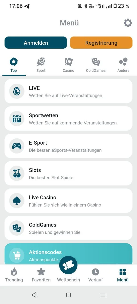 Hauptmenü der Coldbet-App mit Navigation zu Sport, Casino und ColdGames
