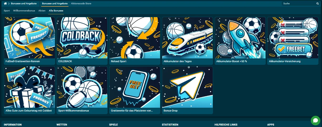 Bonusübersicht bei Coldbet mit Willkommenspaketen und Freebet-Aktionen