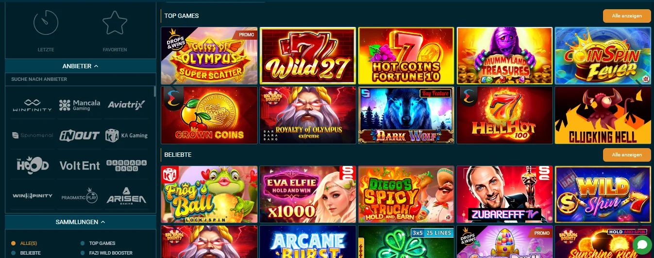 Slot-Lobby im Coldbet Casino mit Top Games und Anbieter-Filter