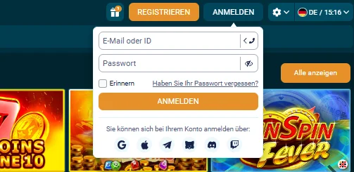 Coldbet Login-Formular auf der Desktop-Startseite