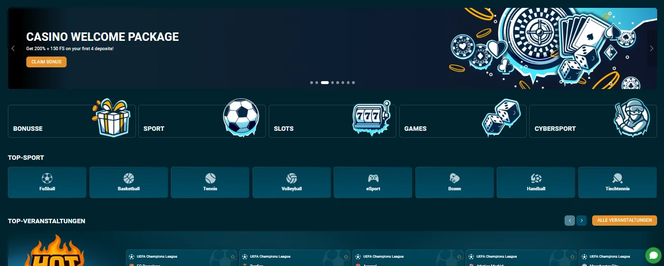 Startseite von Coldbet mit Willkommenspaket und Top-Sportarten