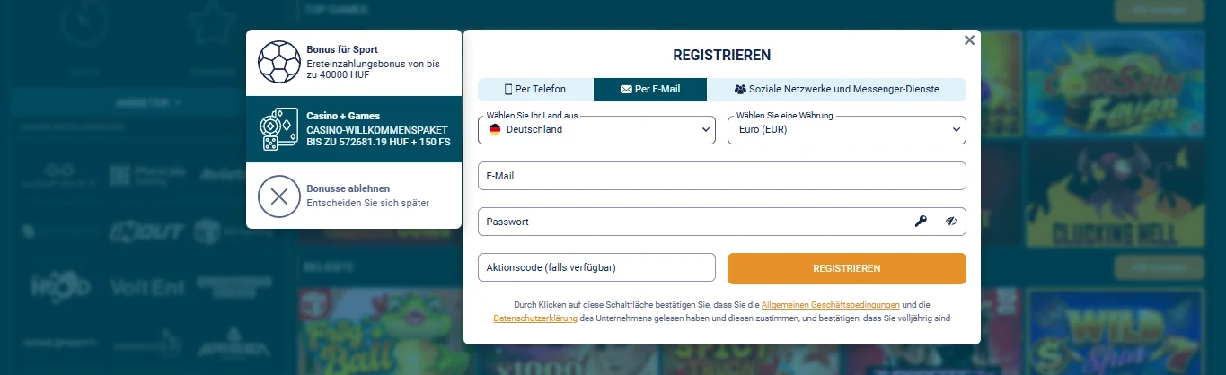 Coldbet Registrierungsformular mit Feld für den Promo Code